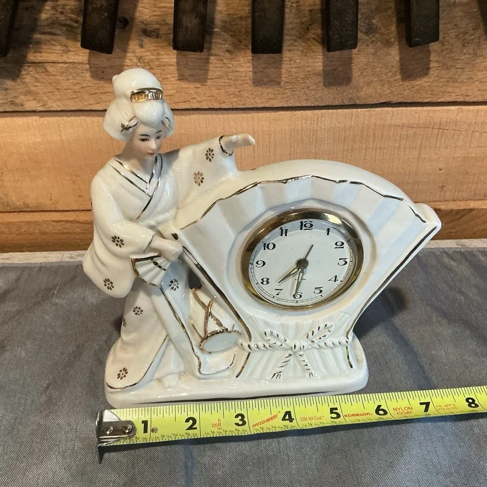 Porcelain Desk Clock Imbedded in Fan with Japanese Geisha Girl Figurine